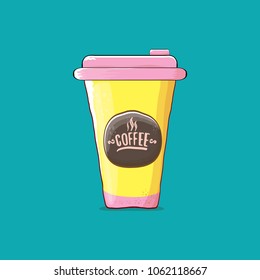 Coffee cup isolated on turquoise background . vector coffee paper color cup with hot coffee and color label