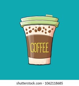 Coffee cup isolated on turquoise background . vector coffee paper color cup with hot coffee and color label