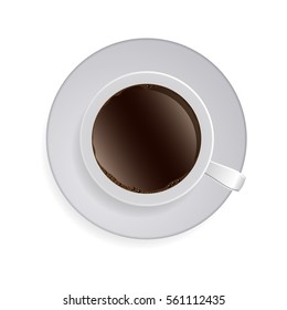 Coffee cup isolated on white. Top view and side view white coffee cup. Coffee espresso beverage, breakfast and caffeine, cappuccino and saucer. Coffee cup vector illustration