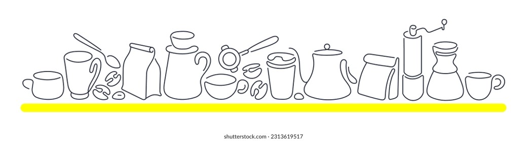 Café, hervidor de agua y frijoles de aroma. Resumen del borde del vector de línea sobre fondo blanco. Diseño gráfico para cafetería y cafetería