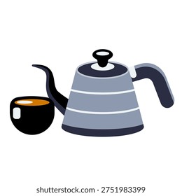 Coffee cup and kettle illustrations represent essential drinkware and brewing tools in coffee preparation.