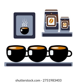 Coffee cup and kettle illustrations represent essential drinkware and brewing tools in coffee preparation.