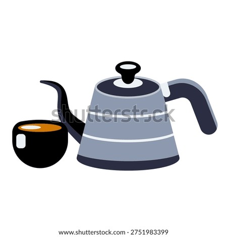 Coffee cup and kettle illustrations represent essential drinkware and brewing tools in coffee preparation.