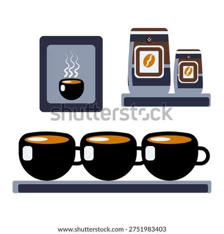 Coffee cup and kettle illustrations represent essential drinkware and brewing tools in coffee preparation.
