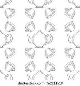 Coffee cup and kettle, ink hand draw seamless pattern. Doodle teapots, coffee kettles isolated. Sketch illustration, for cafe and restaurant menu design, wrapping, wallpaper and packaging.