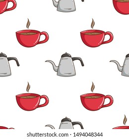 Coffee Cup and Kettle in Seamless Pattern With Doodle Style