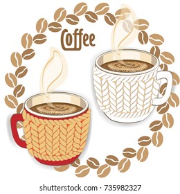 Coffee cup with knitted cozy in beige ana red color
