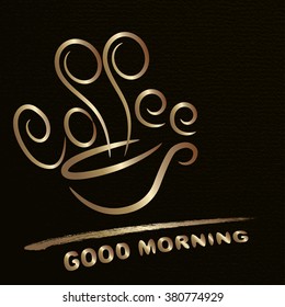 Coffee cup label concept menu. Illustration vintage label for wrapping coffee. Vector design golden cup off coffee on a black background