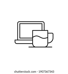 coffee cup and laptop icon  in flat black line style, isolated on white 