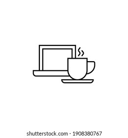 coffee cup and laptop icon  in flat black line style, isolated on white 