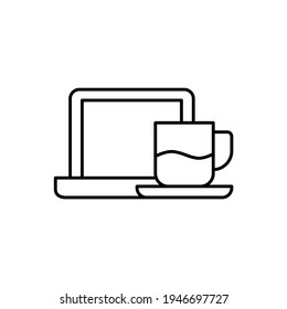 coffee cup and laptop icon  in flat black line style, isolated on white 