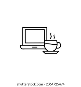 coffee cup and laptop icon  in flat black line style, isolated on white 