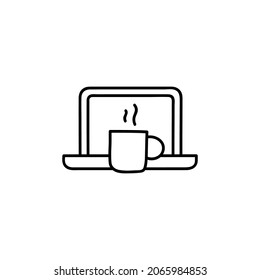 coffee cup and laptop icon  in flat black line style, isolated on white 
