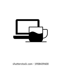 coffee cup and laptop icon in solid black flat shape glyph icon, isolated on white background 