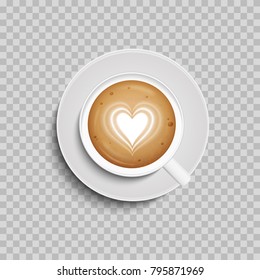 Coffee cup. Latte art heart shape. Vector. Isolated. Top view.