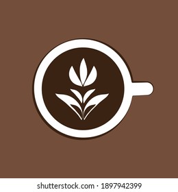 Coffee cup with latte art vector illustration for logo or emblem in minimalistic style in brown colours