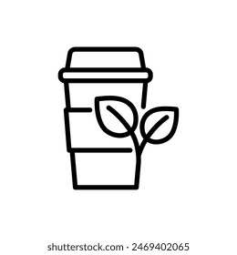 Coffee cup with leaves outline icon. Eco friendly cup symbol. Editable stroke. Isolated vector illustration 