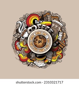 Coffee cup and letters, cartoon image with doodles around. Vector image.