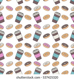 A coffee Cup with a lid and a glazed donut. Seamless pattern. Vector illustration.