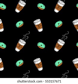 A coffee Cup with a lid and a glazed donut. Seamless pattern. Vector illustration