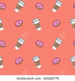 A coffee Cup with a lid and a glazed donut. vector Seamless pattern on orange background