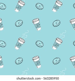A coffee Cup with a lid and a glazed donut. vector Seamless pattern on blue background