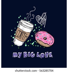 A coffee Cup with a lid and a glazed donut.Vector illustration on dark blue background
