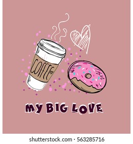 A coffee Cup with a lid and a glazed donut.Vector illustration on pink background