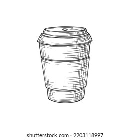 Coffee cup with lid isolated takeaway drinks pack monochrome sketch icon. Vector takeaway drink in plastic glass, mockup of takeout beverage. Disposable tea or cocoa cup with cover, hot drinks package