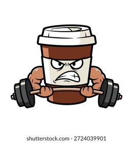 Xícara de café levantando barbell com braços fortes e expressão furiosa. Bebida de estilo de vida adequado, viciado em fitness e conceito de musculação. Essa imagem vetorial apresenta potência e energia.