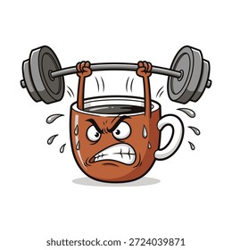 Xícara de café levantando peso pesado personagem de desenho animado. Determinada expressão mostrando força e aptidão de forma bem-humorada. Ilustração perfeita para design com temas de fitness ou café.
