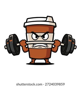 Coffee cup lifting weights with angry expression for caffeine boost and gym fitness workout concept. Strong cartoon character raising barbell in a gym. Perfect for sport concepts.