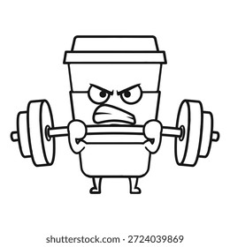 Coffee cup lifting weights with angry expression. Fitness caffeine workout cartoon gym character.  Isolated illustration on white background. Fitness and healthy lifestyle.