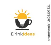 Coffee cup light bulb logo design vector illustration. Cup, sunshine, bulb logo idea. Smart coffee morning logo icon symbol. Suitable for shop, store, business, company, product. Vector illustration.