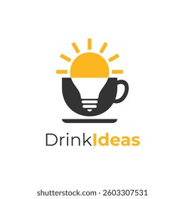 Coffee cup light bulb logo design vector illustration. Cup, sunshine, bulb logo idea. Smart coffee morning logo icon symbol. Suitable for shop, store, business, company, product. Vector illustration.
