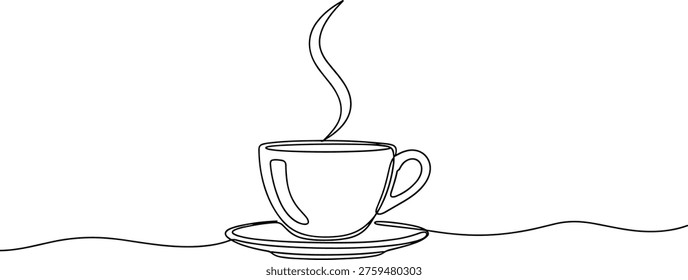Coffee cup line art hot drink minimal illustration. Cup coffee with steam in One continuous line drawing. Morning hot drink for breakfast menu in cafe and web banner in simple linear style. Editable stroke. Doodle one line Vector illustration