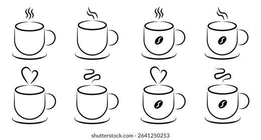 Coffee Cup Line Art Icons Set. A set of eight minimalist line art icons depicting hot coffee cups.