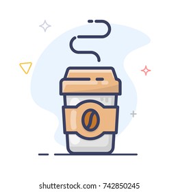 Coffee cup line art illustration.  Disposable Paper Coffee Cup vector icon . Plastic coffee cup with lid.