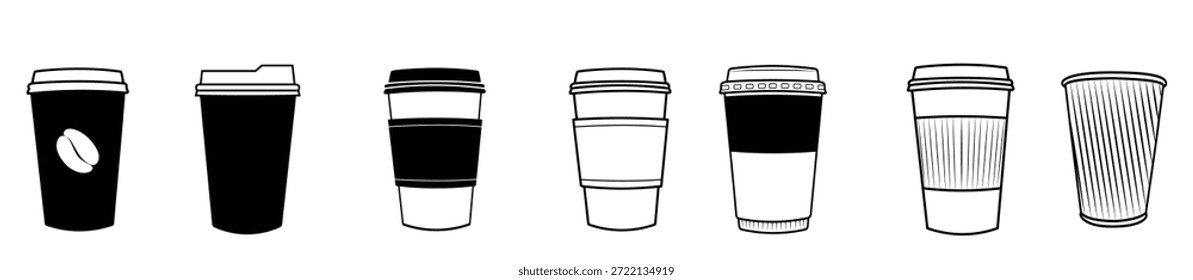 coffee cup line art vector icon set. Collection of black and white coffee cup and drink container icons vector illustration.