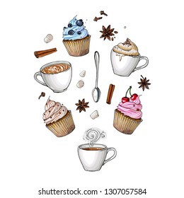 Coffee cup line drawing on a white background. Drink and sweets. Vector image of breakfast. Cup of coffee top view, bun, plate.