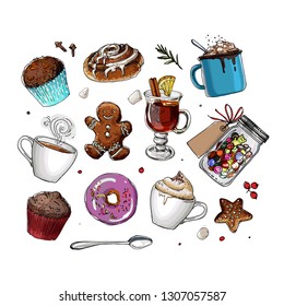 Coffee cup line drawing on a white background. Drink and sweets. Vector image of breakfast. Cup of coffee top view, bun, plate.