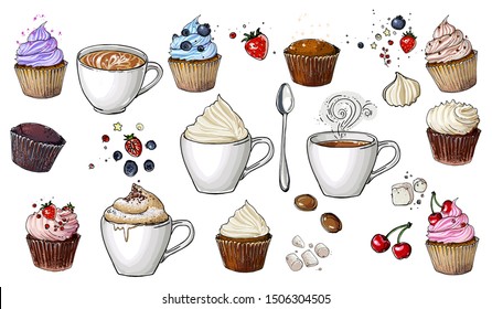 Coffee cup line drawing on a white background. Drink and sweets. Vector image of breakfast. Cup of coffee top view, bun, plate, napkin.