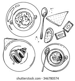 Coffee cup line drawing on a white background. Drink and sweets. Vector image of breakfast. Cup of coffee top view, bun, plate, napkin.