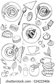 Coffee cup line drawing white background  Drink   sweets  Vector image breakfast  Cup coffee top view  bun  plate  napkin 
