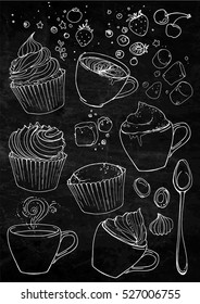Coffee cup line drawing black background  Drink   sweets  Vector image breakfast  Cup coffee top view  bun  plate  napkin 