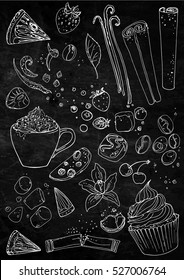 Coffee cup line drawing on a black background. Drink and sweets. Vector image of breakfast. Cup of coffee top view, bun, plate, napkin.