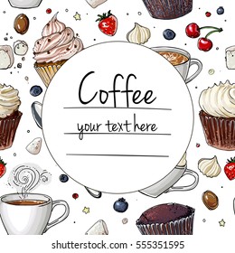 Coffee cup line drawing on a white background. Drink and sweets. Vector image of breakfast. Cup of coffee top view, bun, plate, napkin.