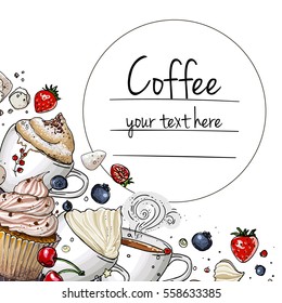 Coffee cup line drawing on a white background. Drink and sweets. Vector image of breakfast. Cup of coffee top view, bun, plate, napkin.