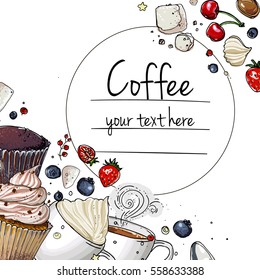 Coffee cup line drawing on a white background. Drink and sweets. Vector image of breakfast. Cup of coffee top view, bun, plate, napkin.