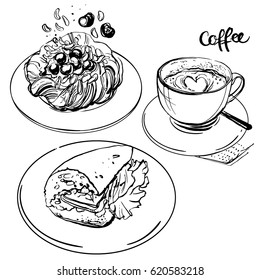 Coffee cup line drawing on a white background. Drink and sweets. Vector image of breakfast. Cup of coffee top view, bun, plate, Sandwich.